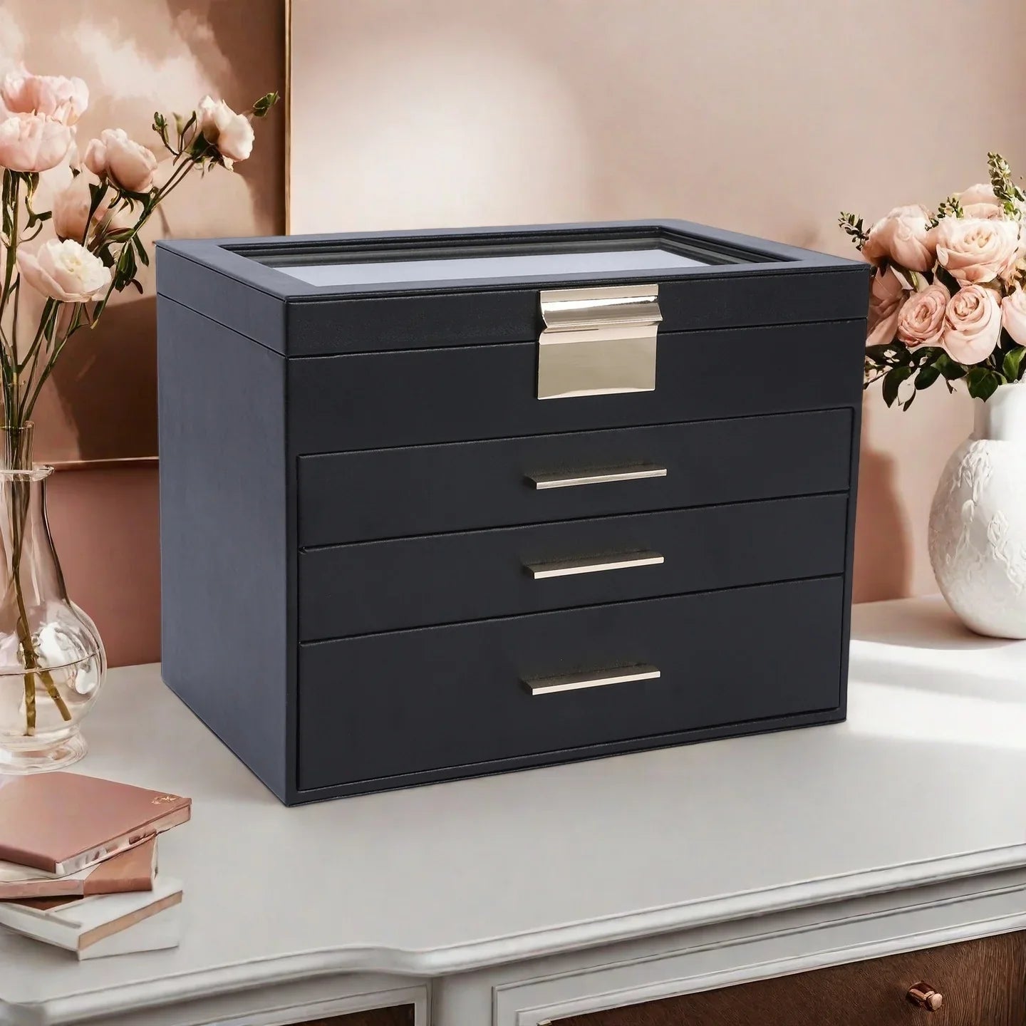Boîte à Bijoux Cuir Miroir Coffret Noir