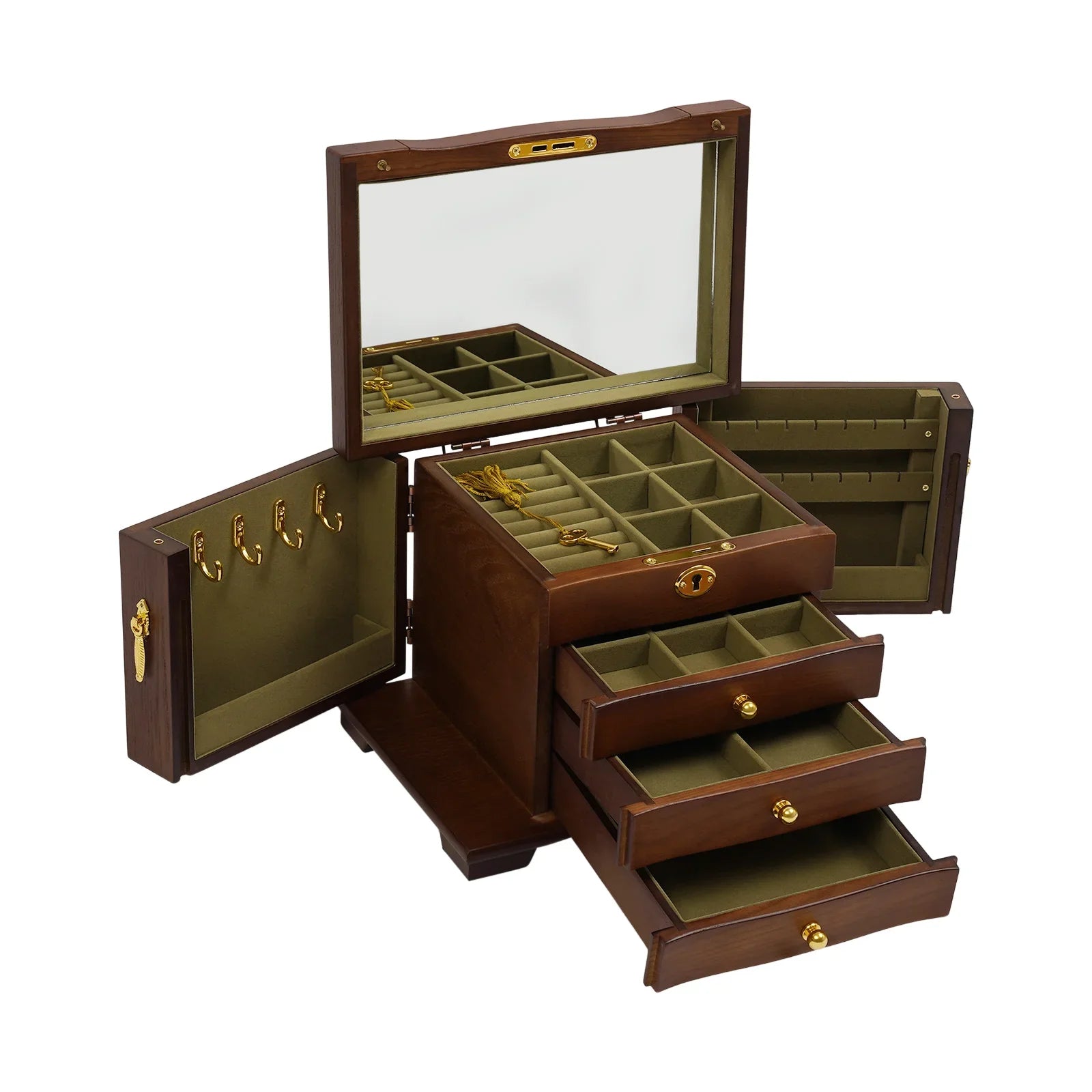 Boîte à Bijoux Bois MDF Velours 4 Niveaux Miroir