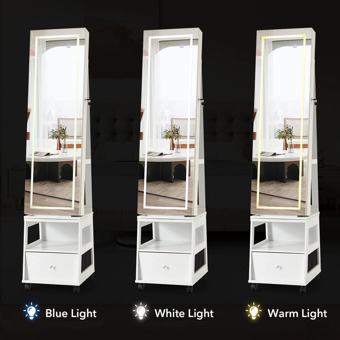 Armoire à bijoux miroir LED – trois teintes de lumière : bleue, blanche et chaude