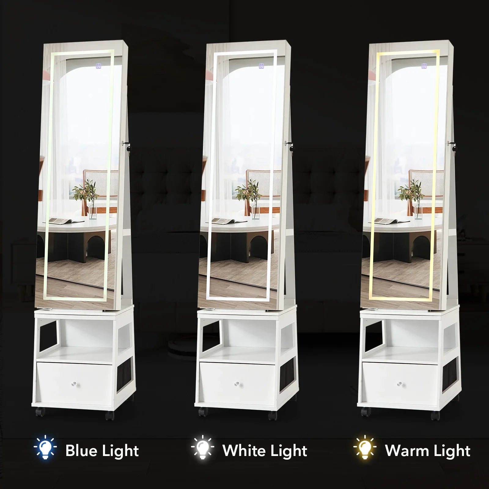 Boîte à Bijoux Bois LED Miroir Pivotant 360