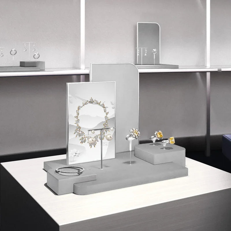 Présentoir Bijoux Velours Gris Comptoir Vitrine