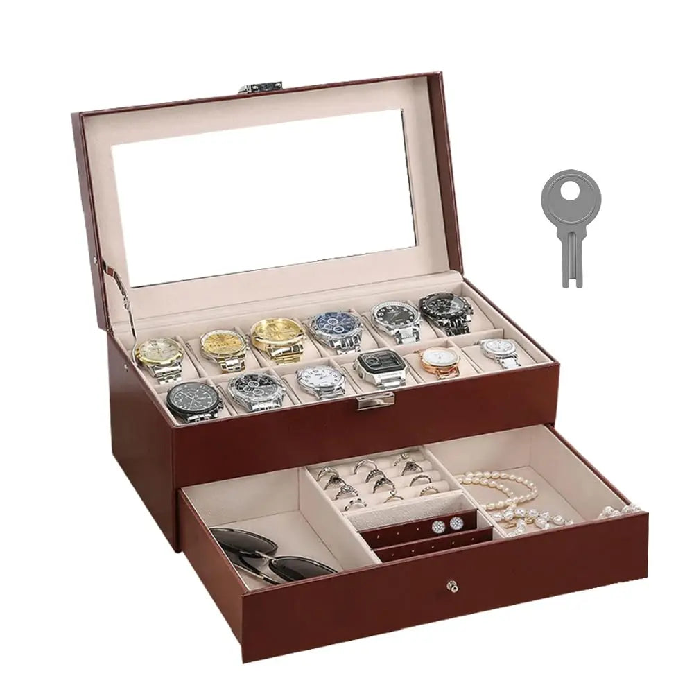 Boîte à Montres Simili Cuir Double Niveau Tiroir