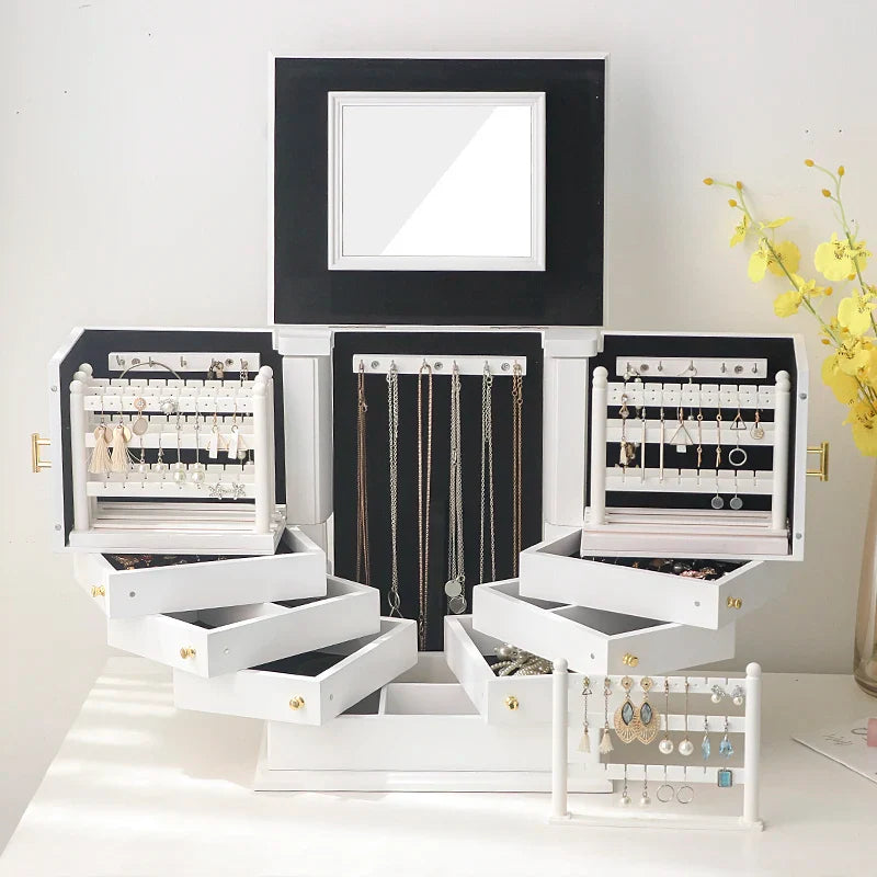 Boîte Bijoux Bois Blanc Miroir Grande