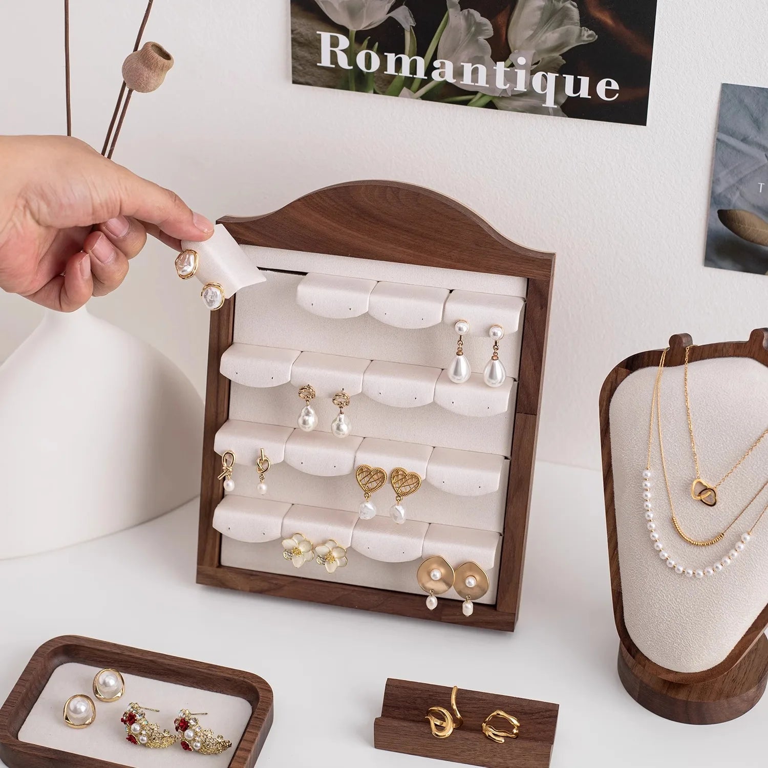 Présentoir Bijoux Bois Noyer Luxe Multi Niveaux