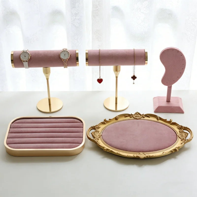 Plateau Bijoux Velours Rose Métal Multifonction