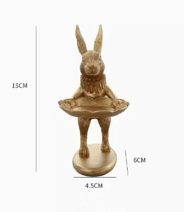 Présentoir bijoux baroque doré – lapin doré à coupelle, cotes 15 cm