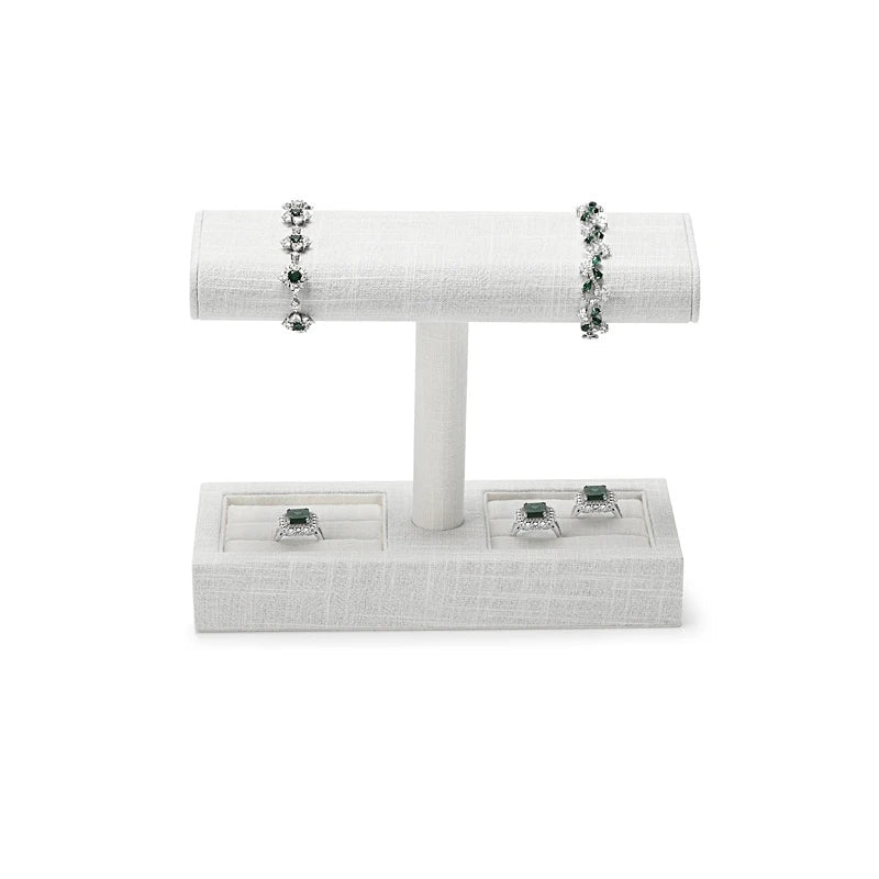 Présentoir bracelet barre en T – modèle lin gris avec plateau à bagues et bracelets