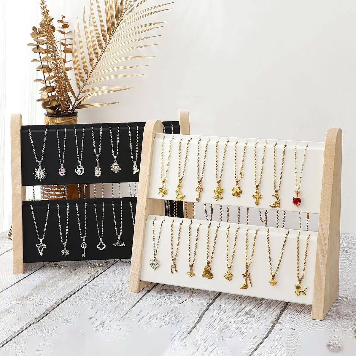 Présentoir Collier Bois Simili Cuir 2 Étages