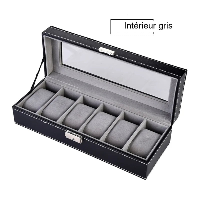 Boîte à montres noire à couvercle en verre – 6 places, intérieur gris