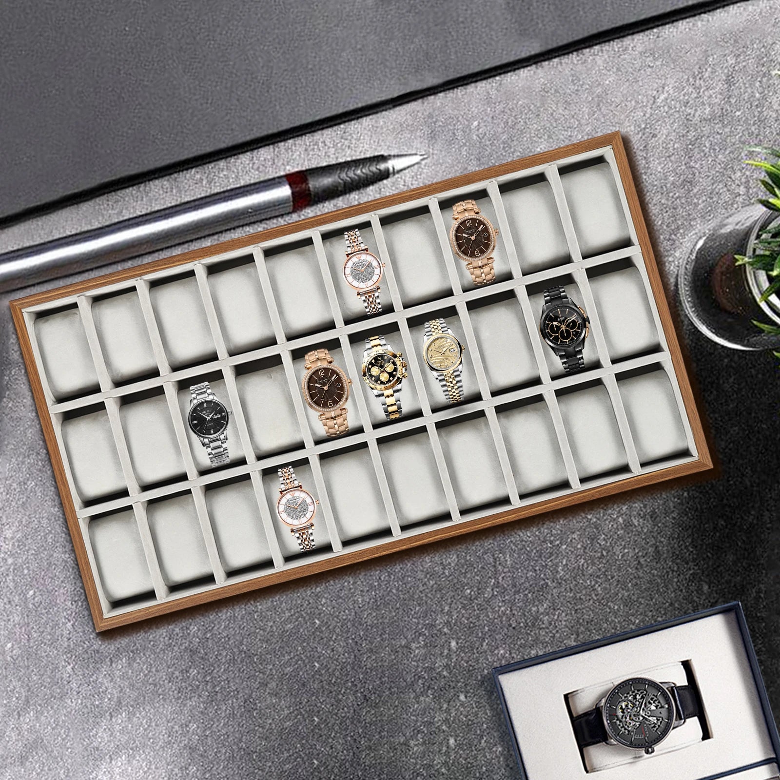 Boîte Montres 30 Compartiments Cuir Vitrine