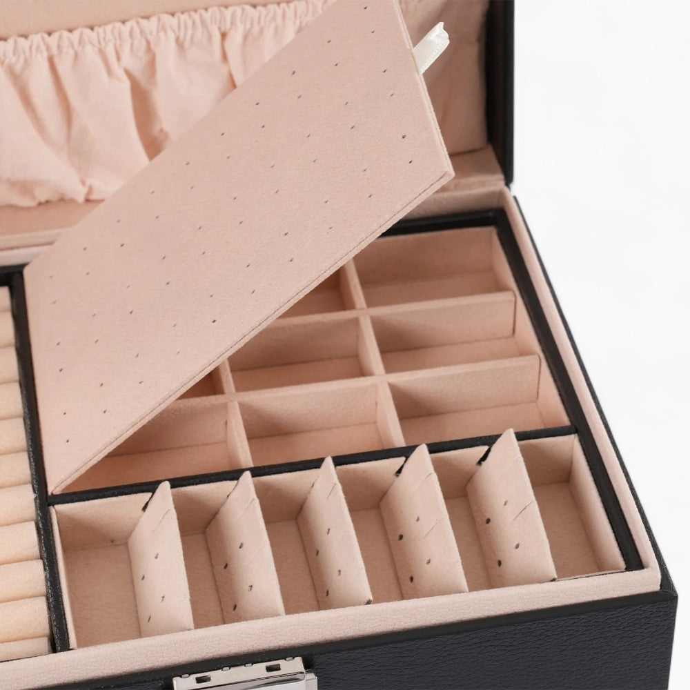 Boîte Bijoux Cuir Noir Velours Verrouillage