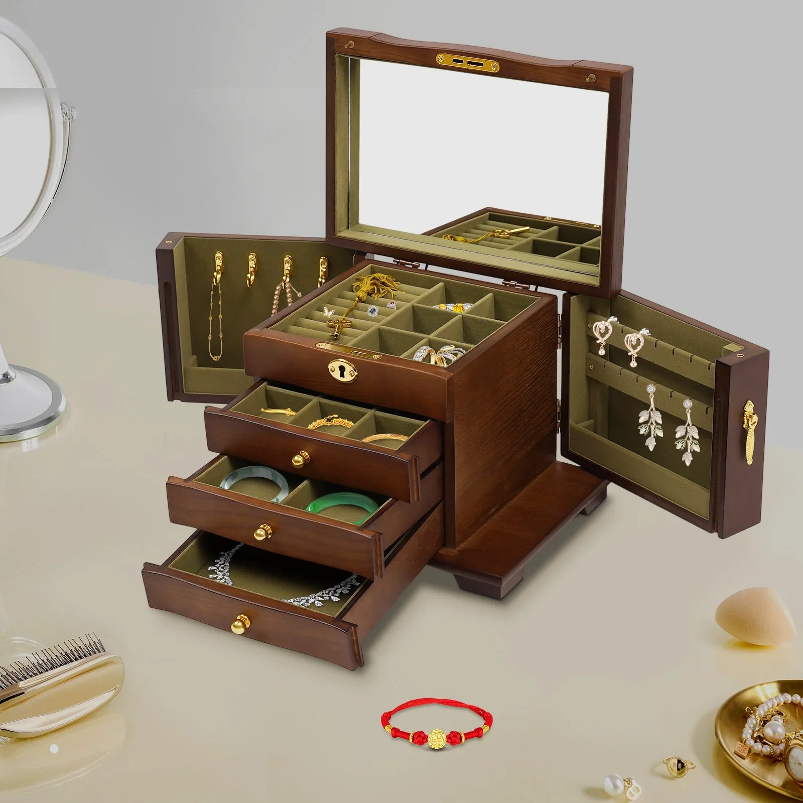 Boîte à Bijoux Bois MDF Velours 4 Niveaux Miroir