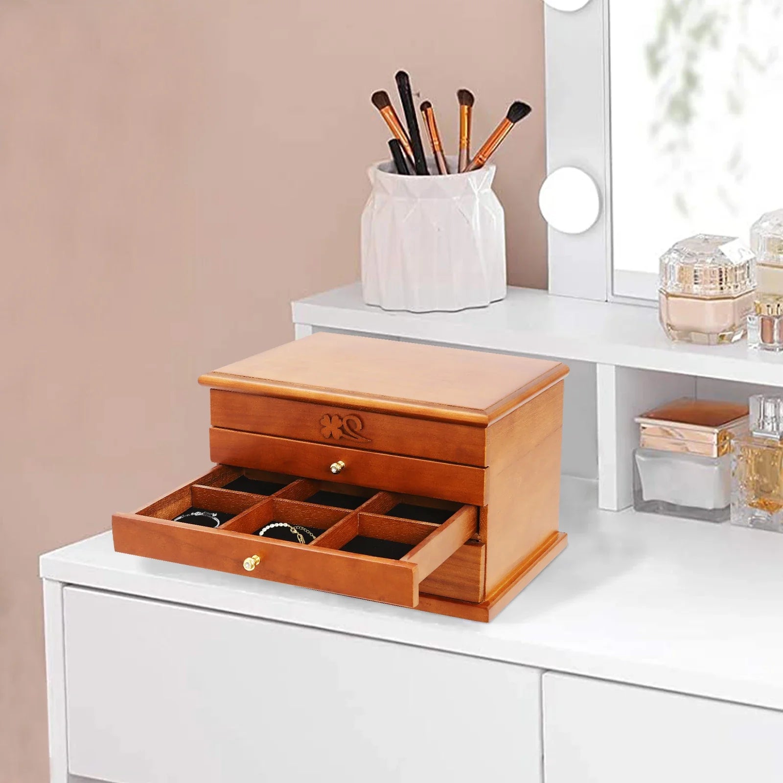 Boite Bijoux Bois Velours 4 Niveaux Miroir