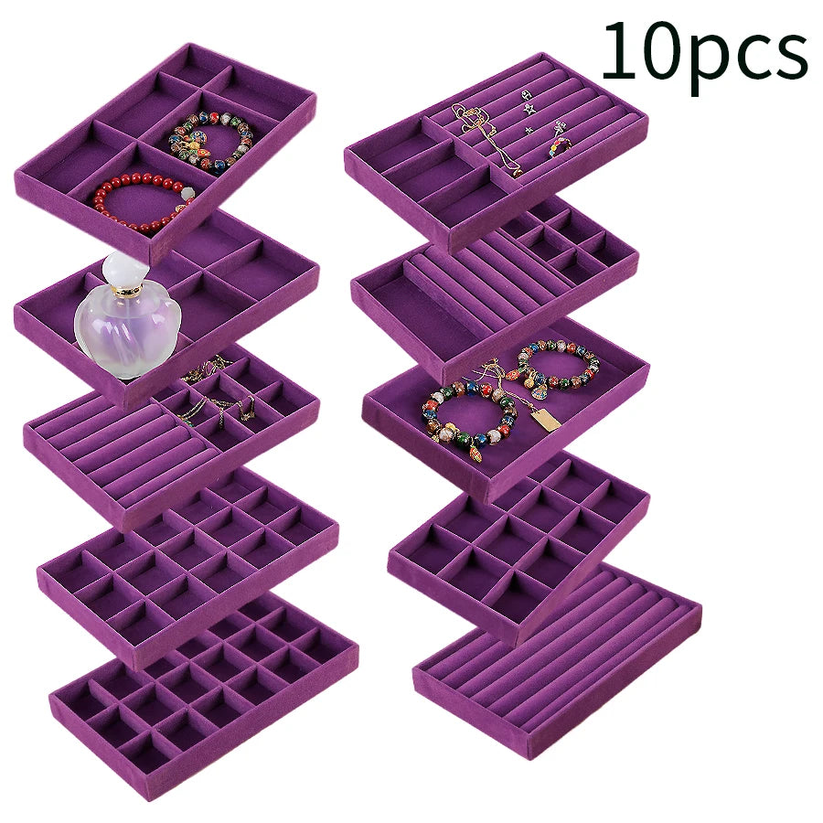 Plateau Bijoux Velours Floqué Ensemble 8 Pièces