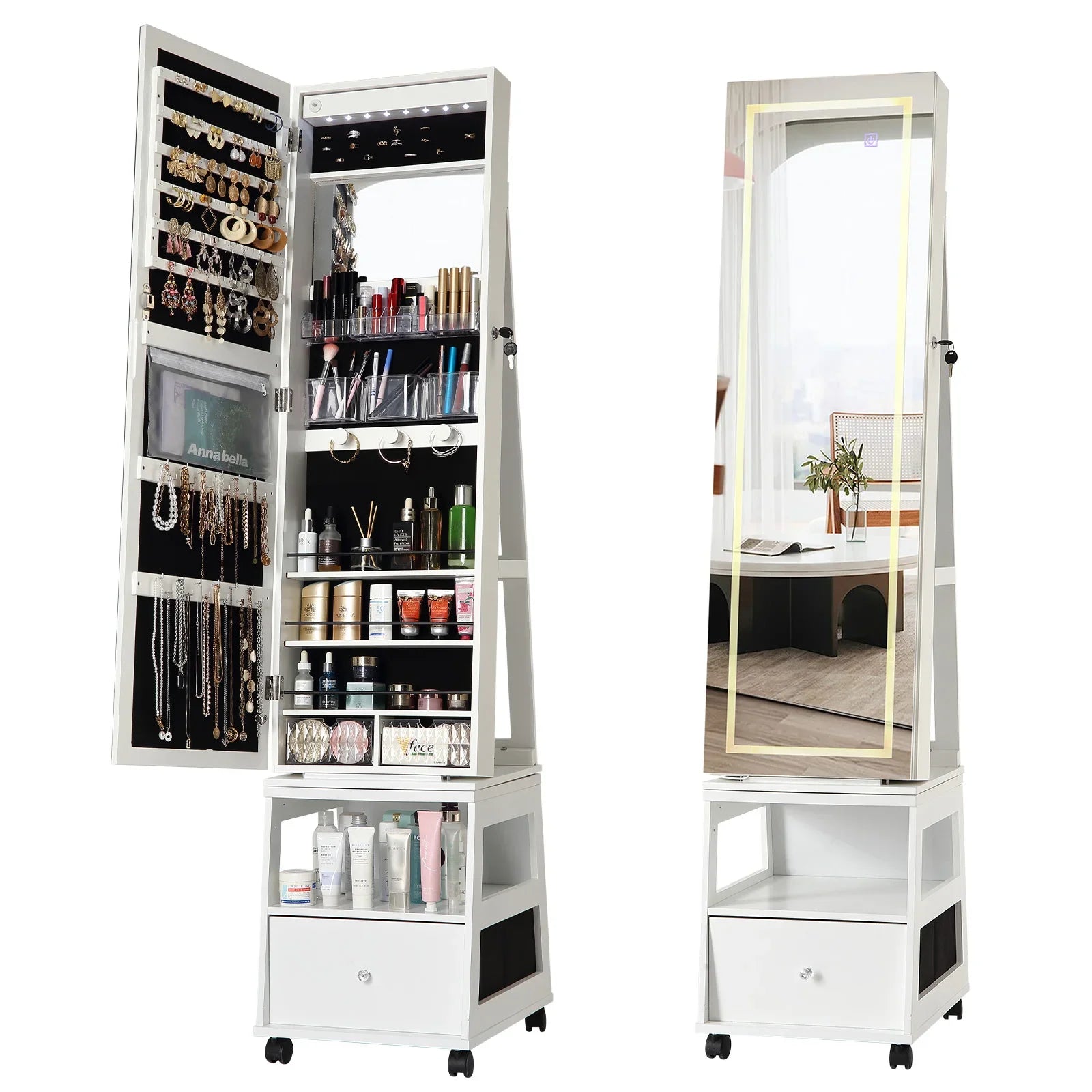 Boîte à Bijoux Bois LED Miroir Pivotant 360