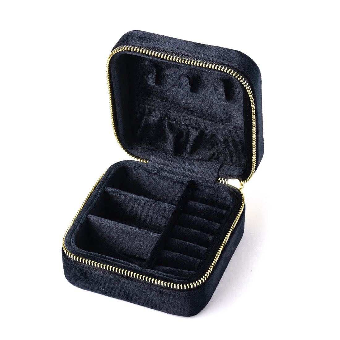 Boîte à bijoux de voyage velours – ouverte, version bleu marine
