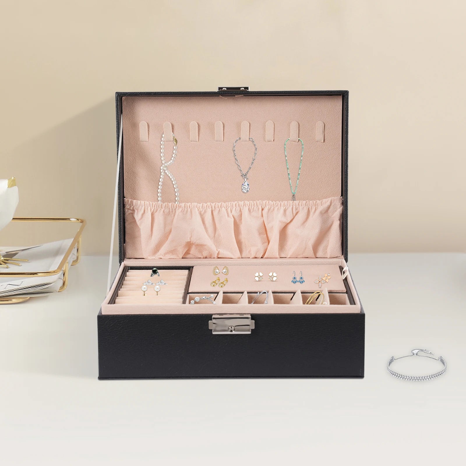 Boîte Bijoux Cuir Noir Velours Verrouillage