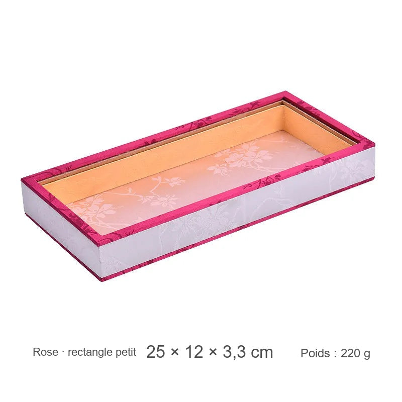 Boîte à bijoux en brocart rose – plateau 25 x 12 x 3,3 cm
