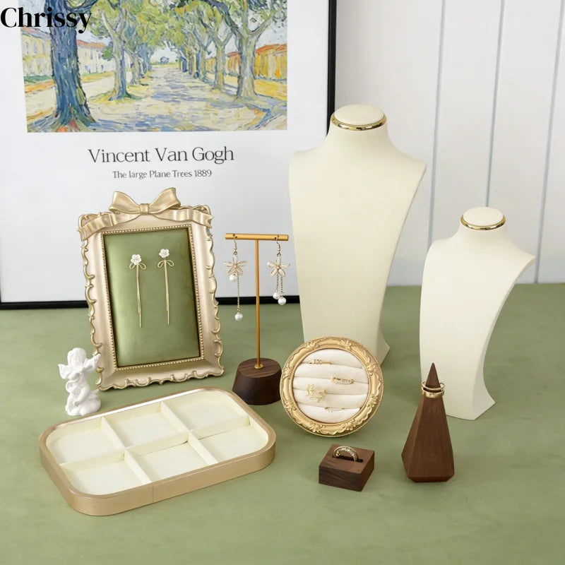Plateau Bijoux Velours Beige Métal Doré