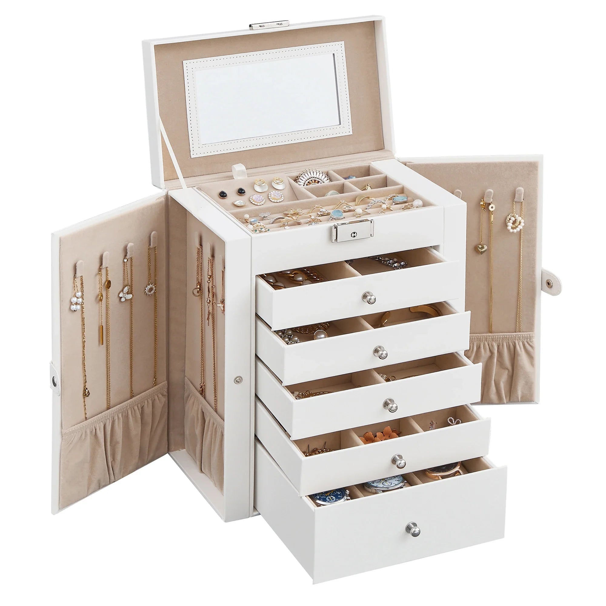Boîte Bijoux Bois 6 Niveaux Miroir Serrure