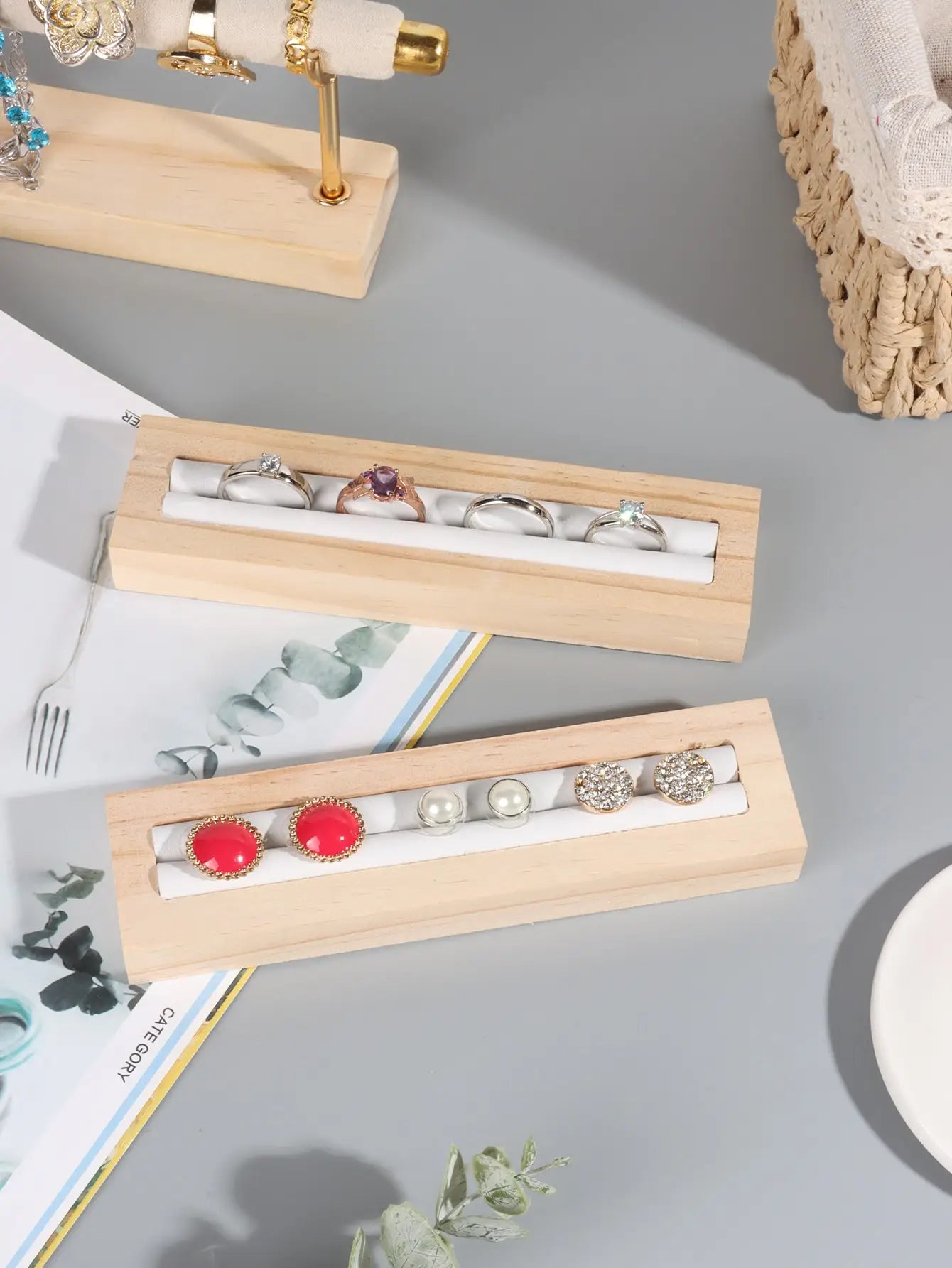 Plateau Bois Bambou Boucles d'Oreilles Rangement