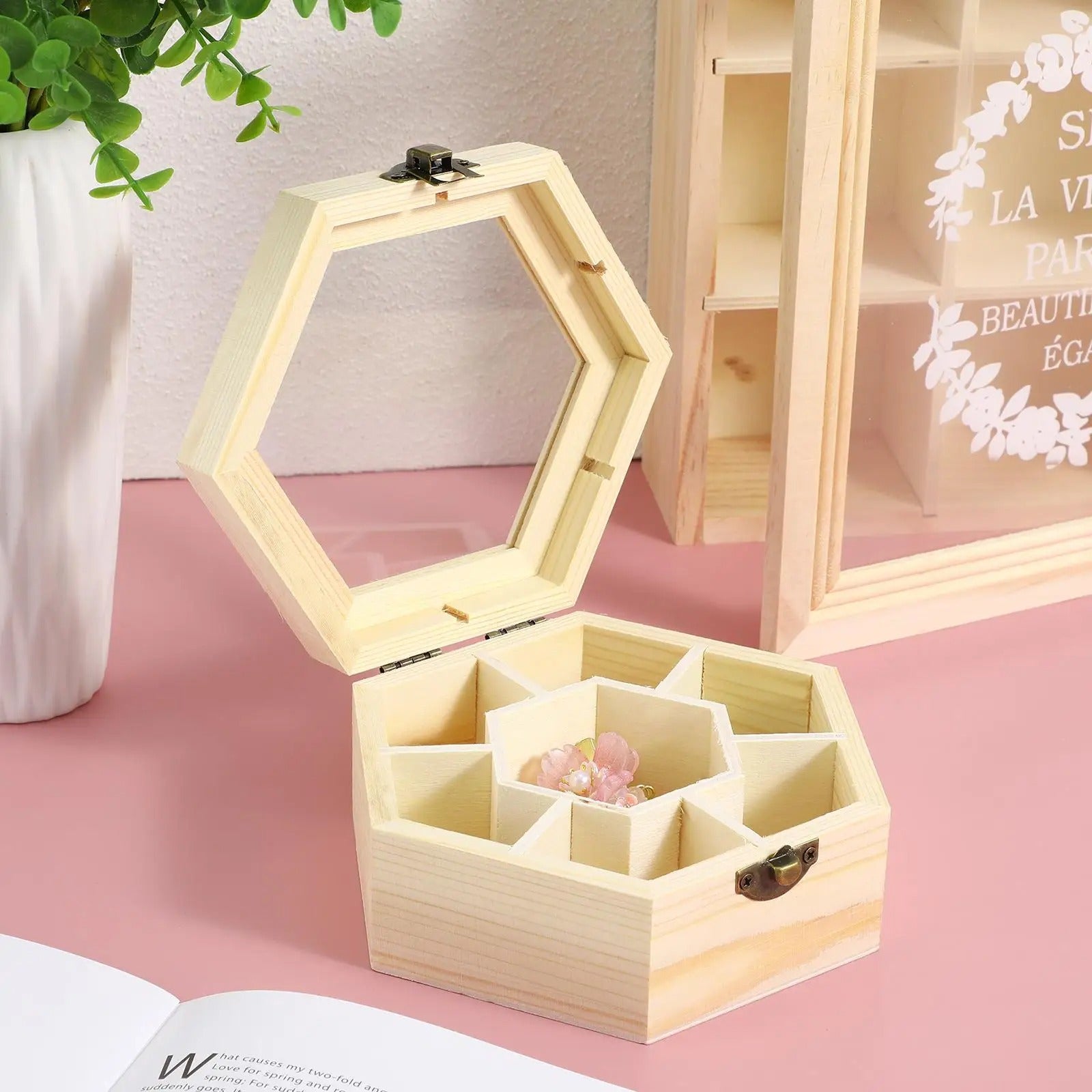 Boîte Bijoux Bois Hexagonale Compacte Compartiments