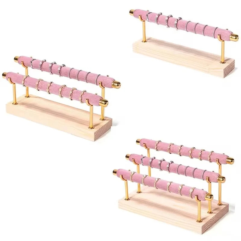 Présentoir Bijoux Velours Rose Bois Multifonction