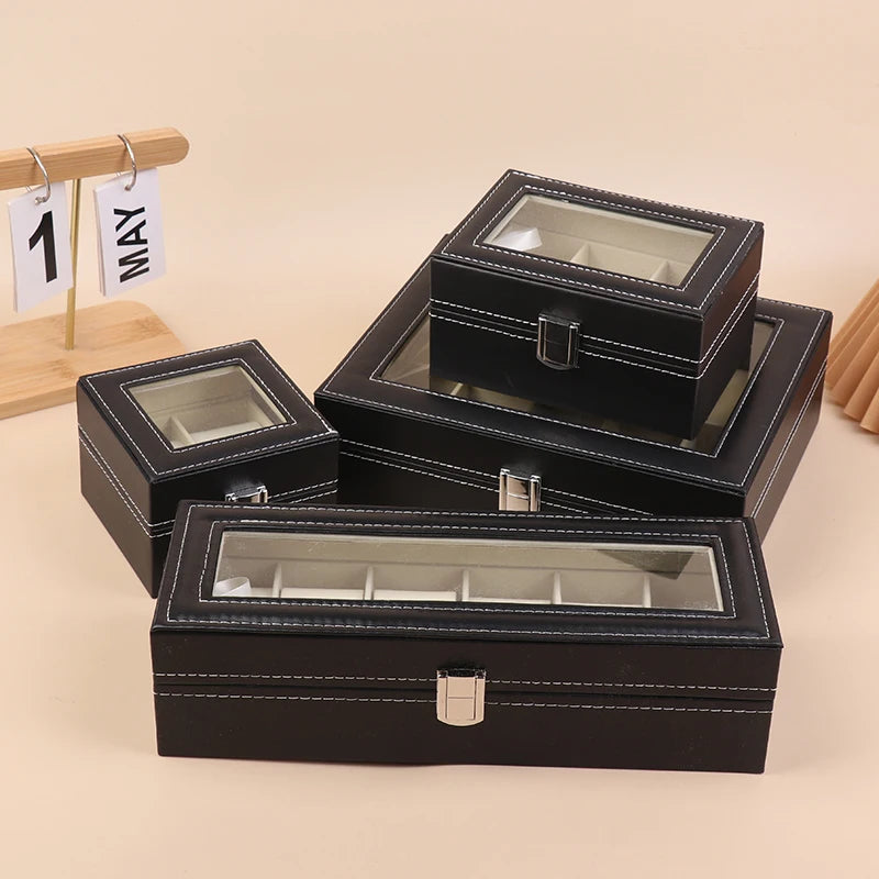 Boîte Montre Cuir Noir Verre Coussin Amovible