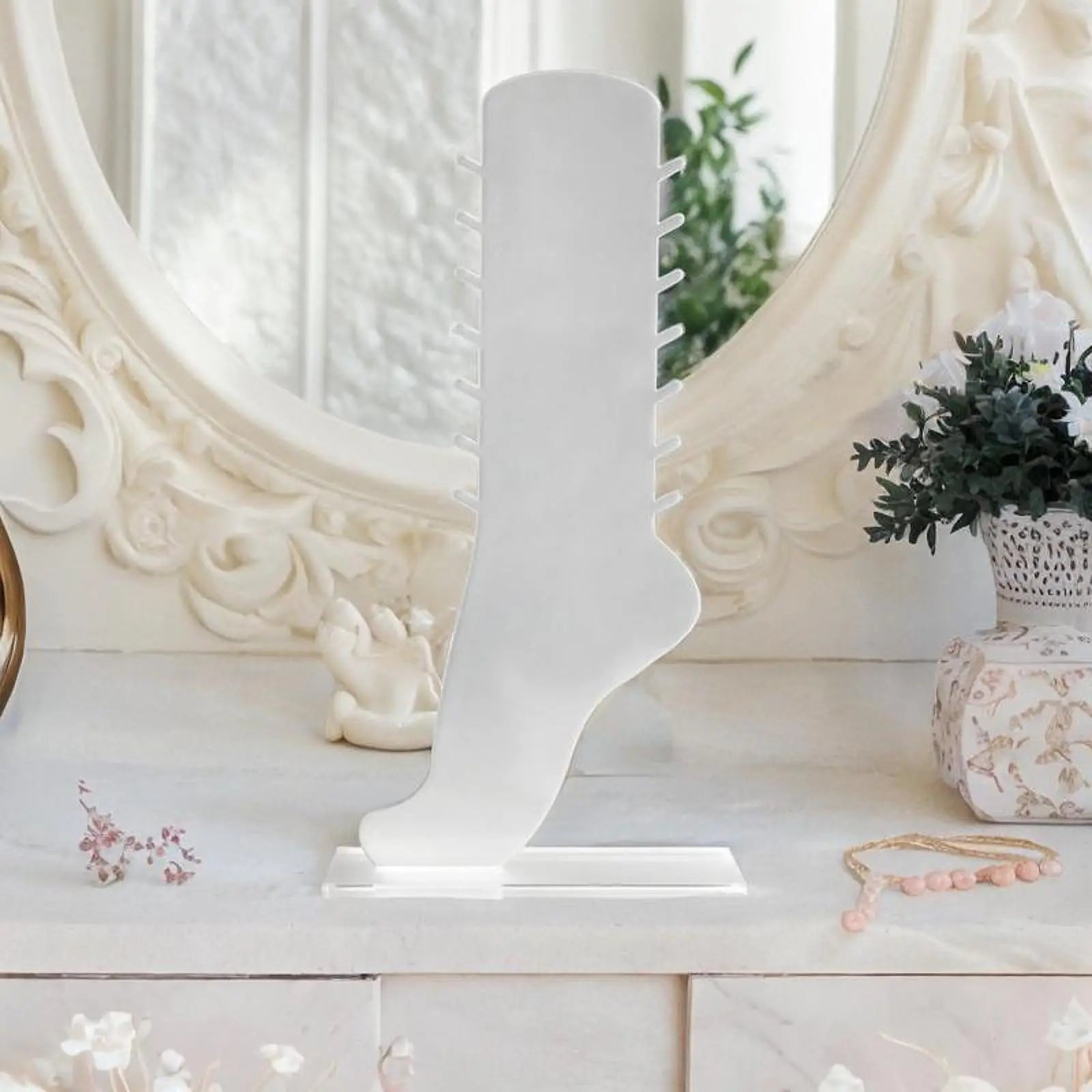 Présentoir bracelet cheville forme de pied (acrylique, bois)