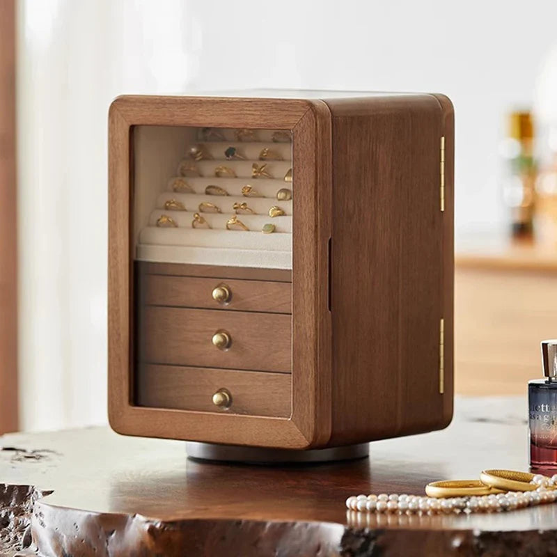 Boîte Bijoux Rotative Bois Foncé Vitre