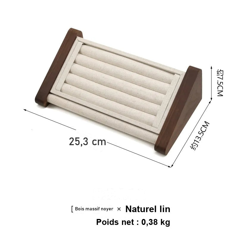 Présentoir bague bois de noyer et lin – modèle à rouleaux, cotes 25,3 x 13,5 x 7,5 cm