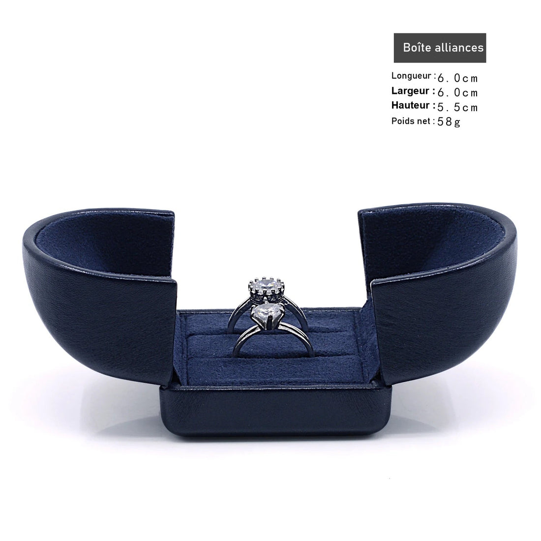 Écrin bleu marine – modèle alliances de couple ouvert avec deux bagues