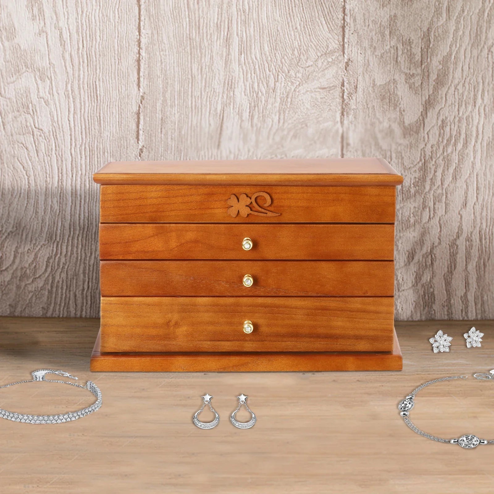Boite Bijoux Bois Velours 4 Niveaux Miroir