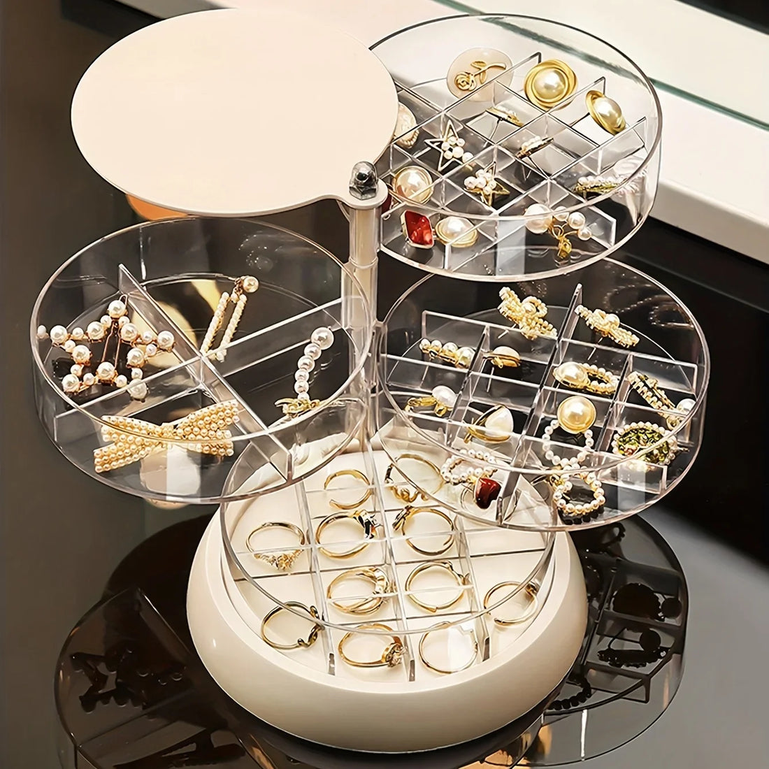 Boîte à bijoux rotative transparente – étages ouverts en éventail avec bagues, perles, boucles d'oreilles et barrettes