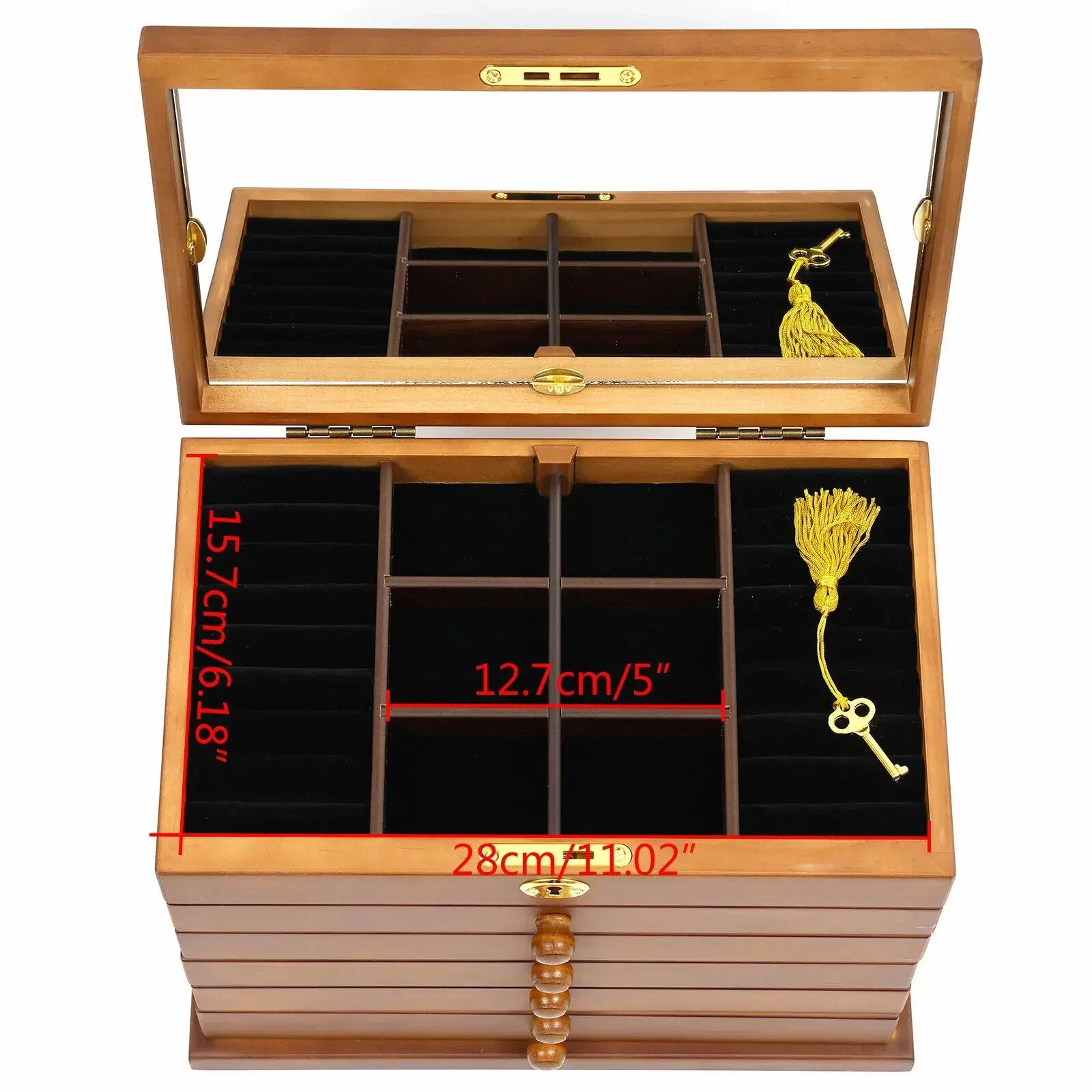 Boîte Bijoux Bois 6 Niveaux Miroir Serrure Classique