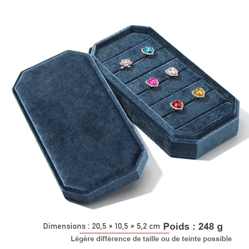 Boîte à bagues velours bleu – plateau à rainures avec bagues et couvercle