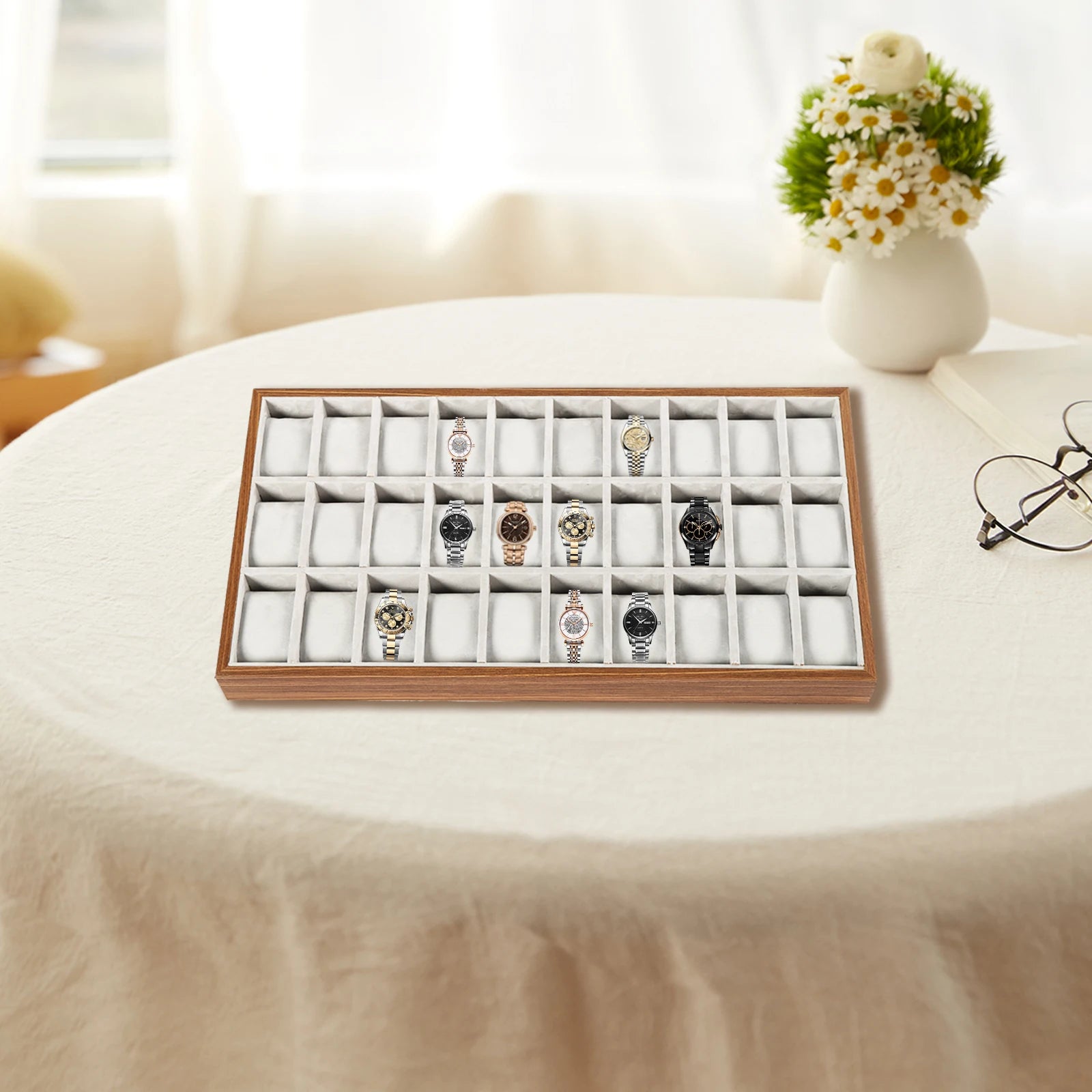 Boîte Montres 30 Compartiments Cuir Vitrine