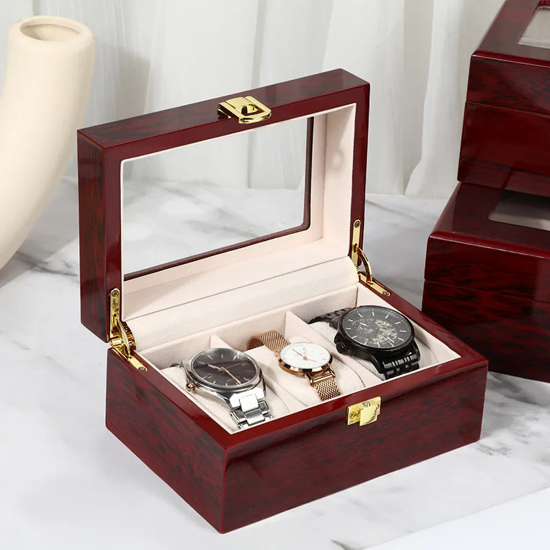 Coffre Fort Montre Bois Rouge Foncé Multi-Capacité