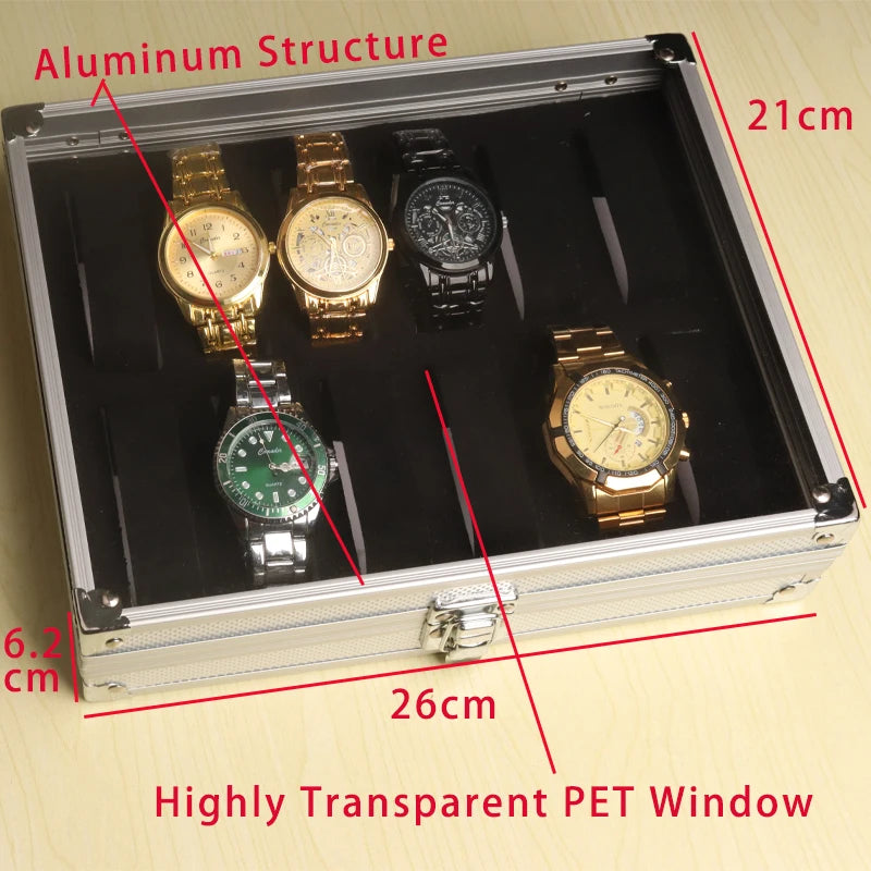 Boîte Montre Métal Daim Compartiments Vitrine