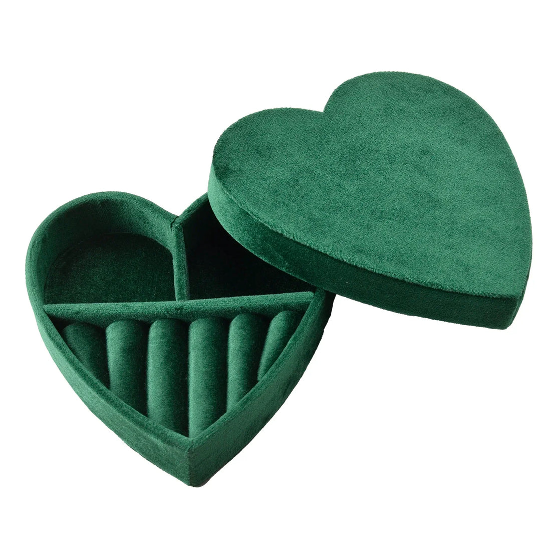 Boîte à bijoux cœur en velours – coloris vert, boîte ouverte