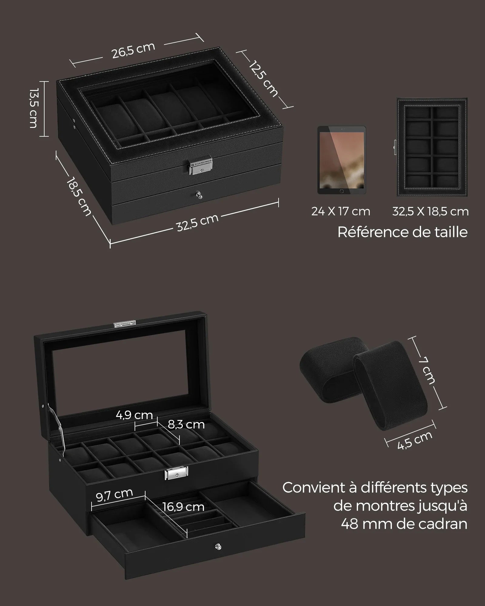 Boîte Montre Bois Serrure 12 Places Vitrine