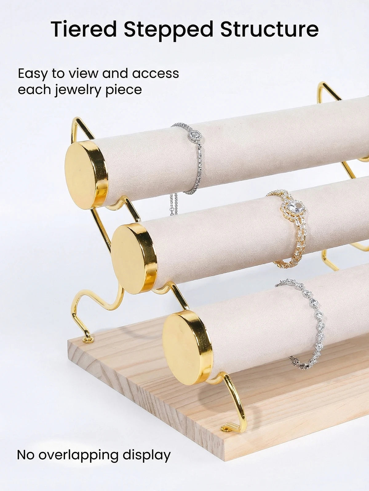 Présentoir Velours Bois 3 Niveaux Doré Bracelet
