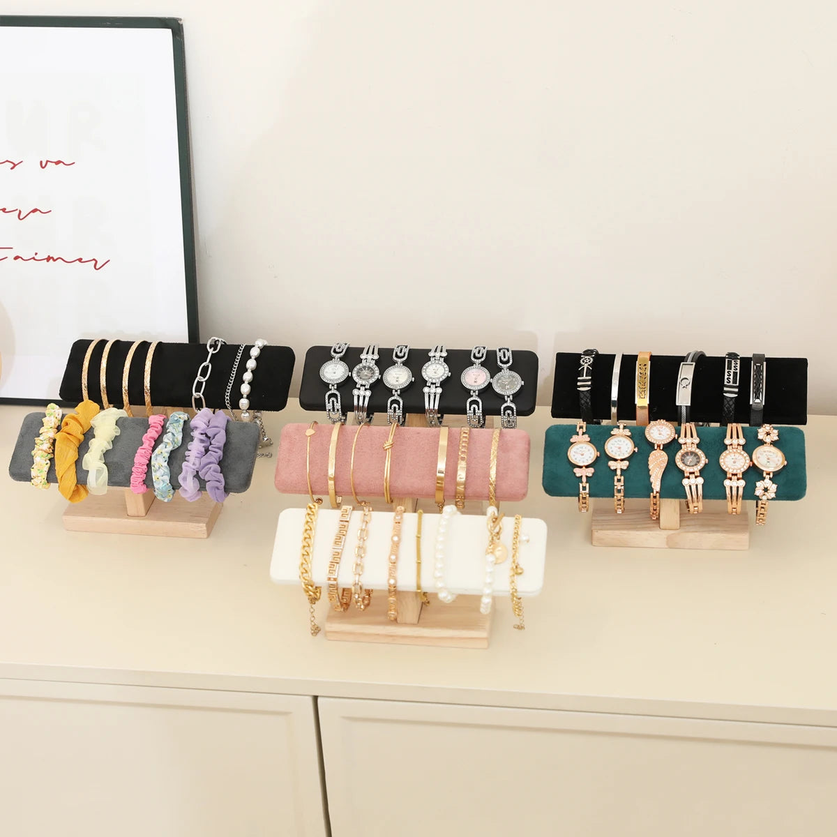Présentoir Bracelet Bois Velours Cuir Forme T