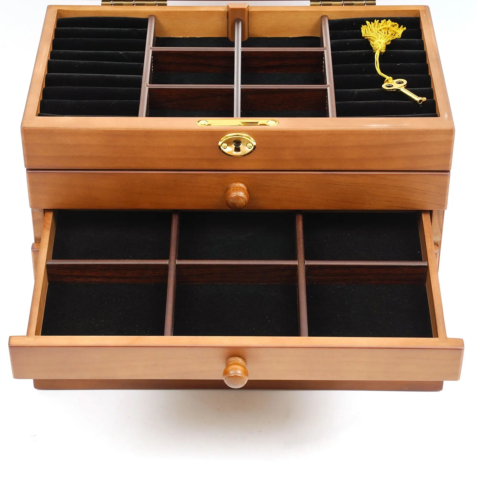 Boîte Bijoux Bois Massif 6 Tiroirs Miroir Serrure