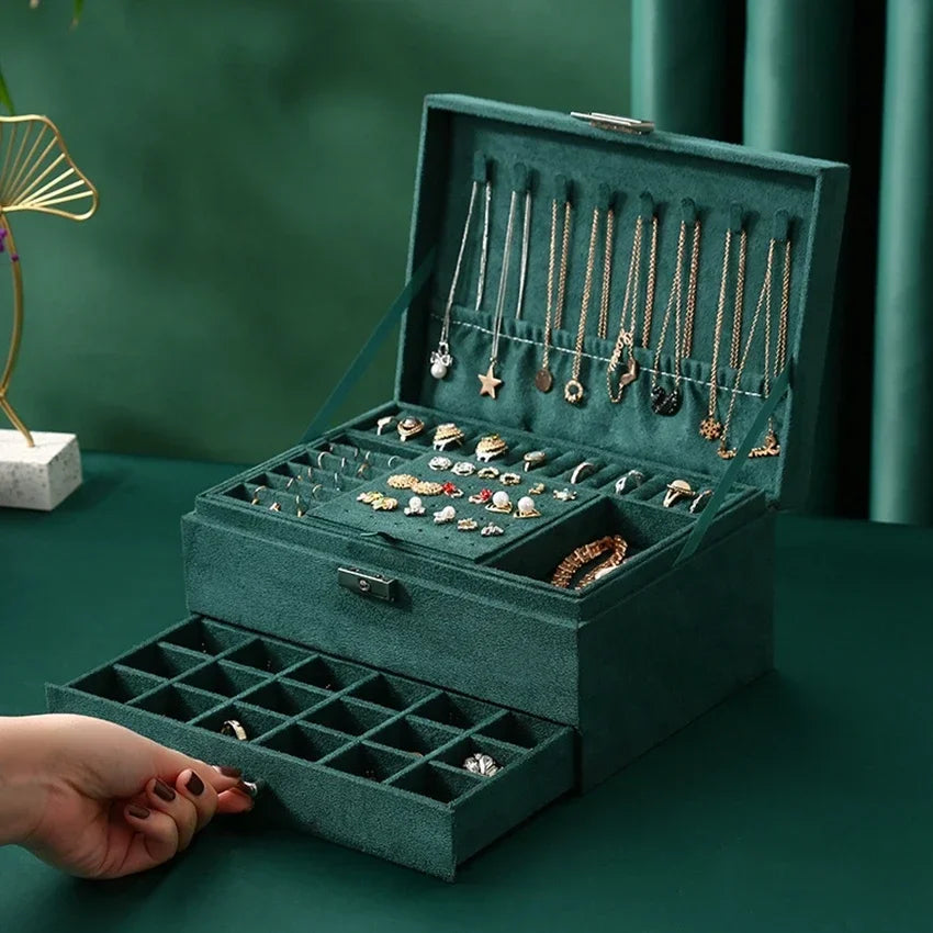 Boite Bijoux Velours Vert Emeraude Double Niveau