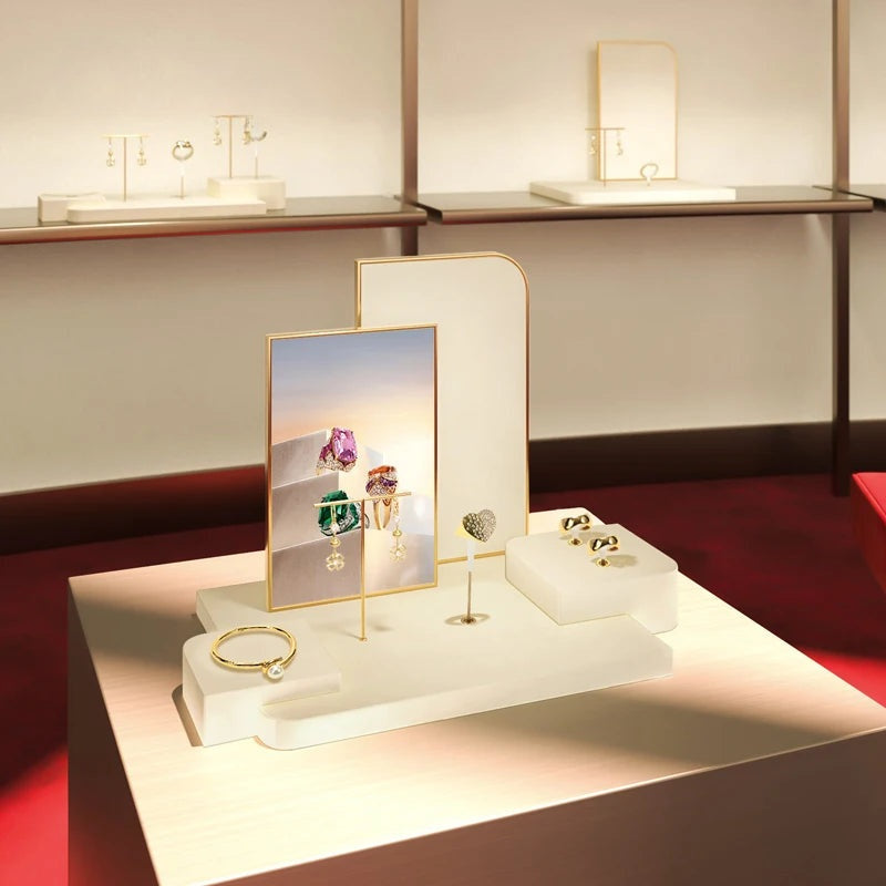 Présentoir Bijoux Velours Beige Vitrine, Parure et Panneau de Fond