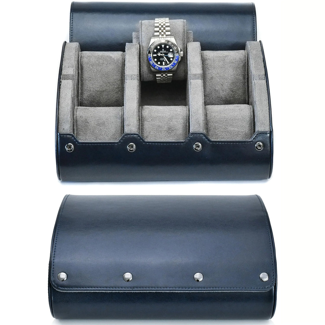 Étui voyage rigide bleu marine – étui ouvert avec une montre et étui fermé