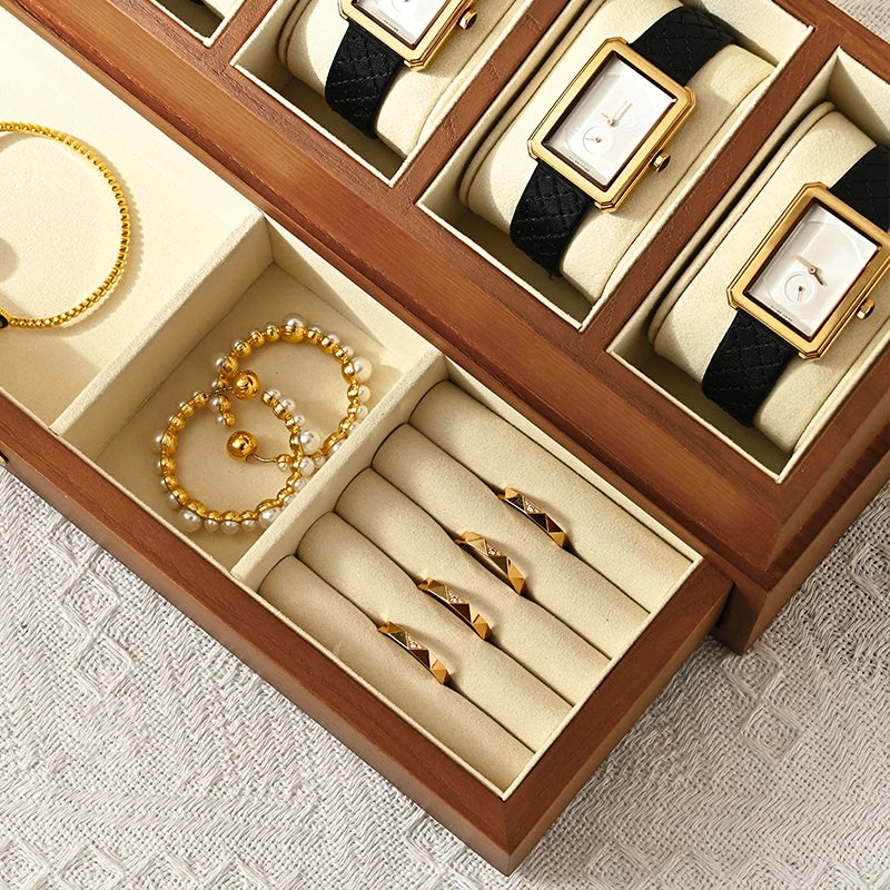 Boîte Montre Bois Double Étage Coffret 6 Places