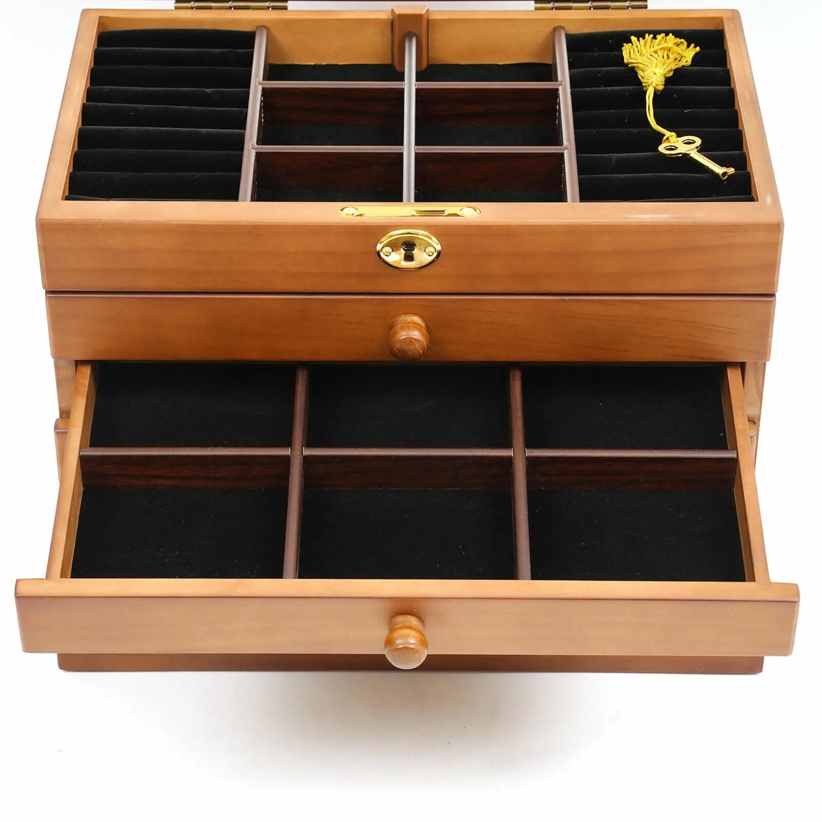 Boîte Bijoux Bois 6 Niveaux Miroir Serrure Classique