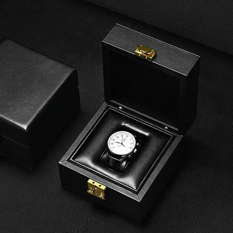 Étui Montre Simili Cuir Noir avec Fermoir Doré